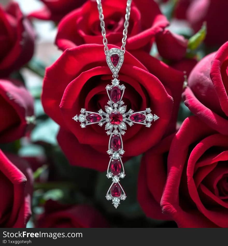 Elegant diamond and Ruby cross pendant,a timeless symbol of faith and luxury,set in precious metal. Elegant diamond and Ruby cross pendant,a timeless symbol of faith and luxury,set in precious metal