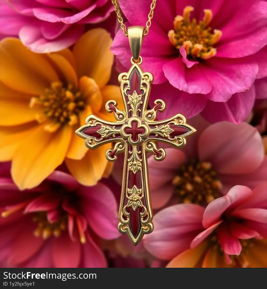 A gold and red enamel cross pendant, elegantly designed to symbolise faith and devotion. A gold and red enamel cross pendant, elegantly designed to symbolise faith and devotion