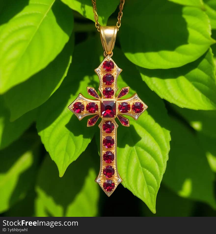 Elegant gold and Ruby cross pendant, a timeless symbol of faith and luxury, set in precious metal. Elegant gold and Ruby cross pendant, a timeless symbol of faith and luxury, set in precious metal