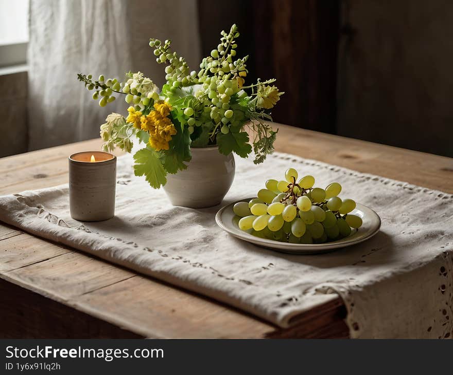 Still life with green grapes and white flowers bouquet in a  ceramic vase on rustic table