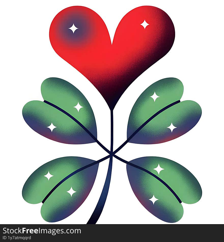 A stylized four-leaf clover with a red heart-shaped top petal, representing love, luck, hope, and vitality. Ideal for wellness, nature, or symbolic design applications.