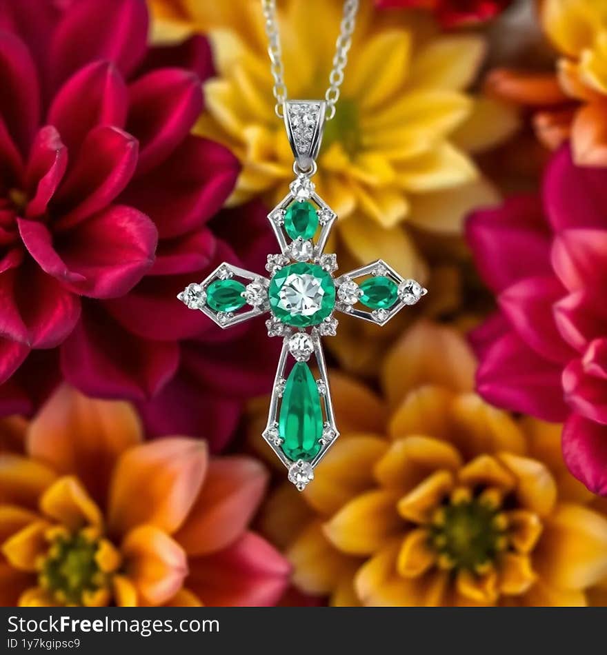 A stunning cross pendant featuring sparkling diamonds and vibrant emeralds, perfectly blending elegance and spiritual significance. A stunning cross pendant featuring sparkling diamonds and vibrant emeralds, perfectly blending elegance and spiritual significance