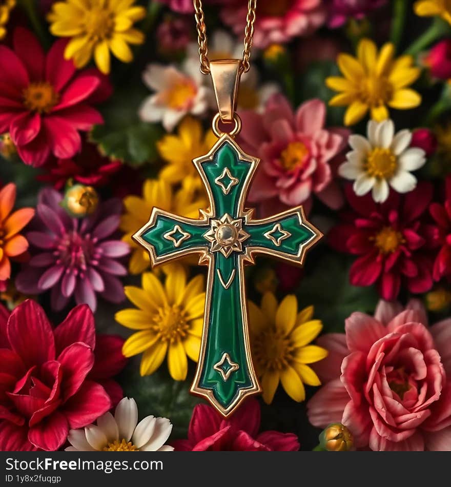 A gold and green enamel cross pendant combines elegance and faith with vibrant colours and timeless design. A gold and green enamel cross pendant combines elegance and faith with vibrant colours and timeless design