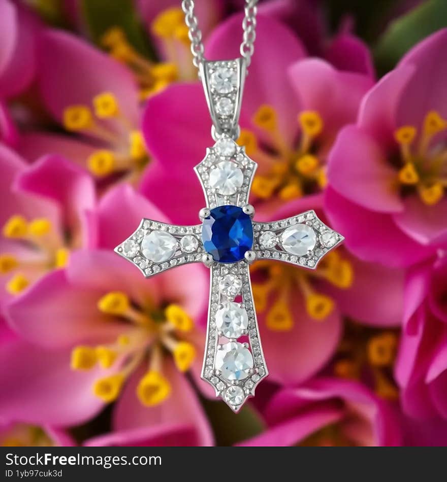 A beautifully crafted cross pendant featuring sparkling diamonds and a striking blue sapphire, symbolising faith and elegance. A beautifully crafted cross pendant featuring sparkling diamonds and a striking blue sapphire, symbolising faith and elegance.
