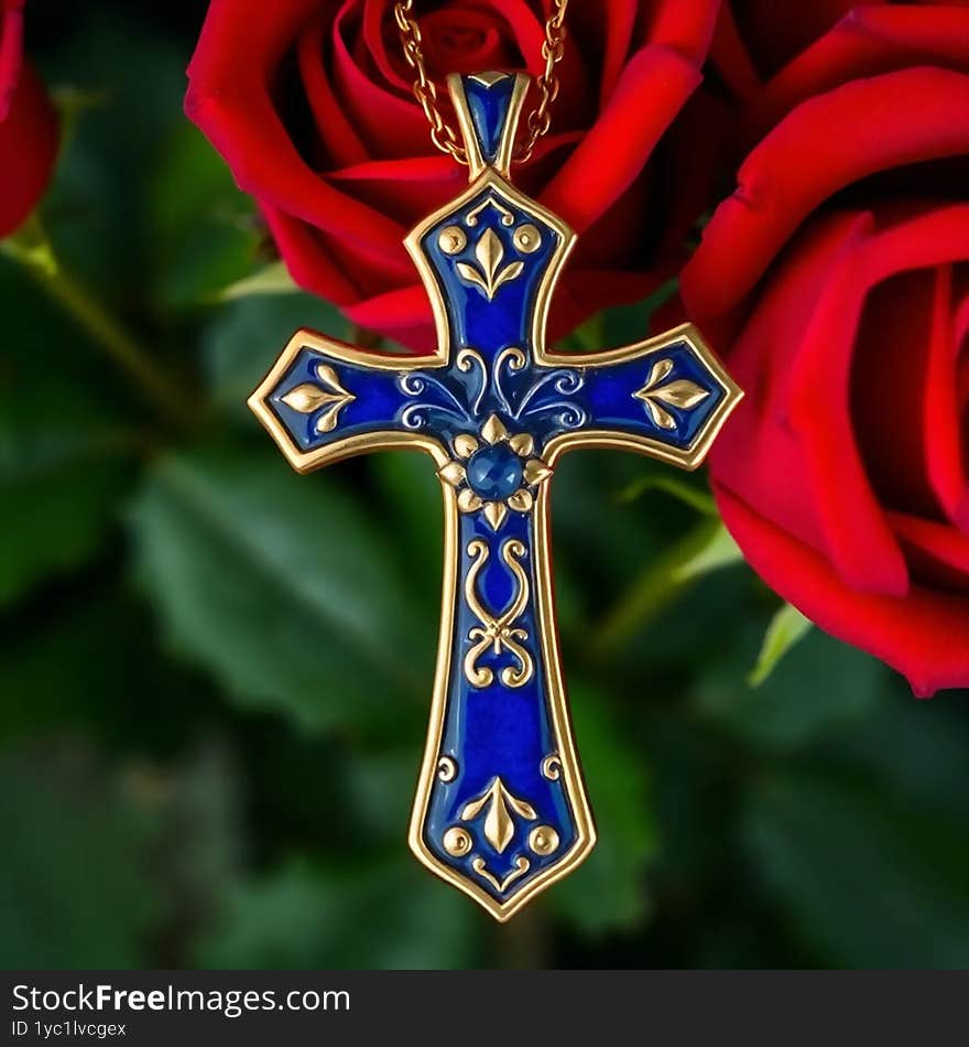 A beautifully crafted gold and blue enamel cross pendant, combining elegance and spirituality in a timeless design. A beautifully crafted gold and blue enamel cross pendant, combining elegance and spirituality in a timeless design