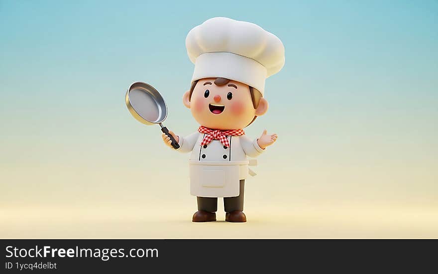 A cheerful 3D cartoon chef character stands with a frying pan in one hand and a welcoming gesture with the other. He wears a traditional white chef's hat, a red and white checkered neckerchief, and a white apron over his chef's uniform. The background is a gradient of light blue and yellow, creating a bright and inviting atmosphere. This image is ideal for illustrating cooking, food, restaurants, or children's content. A cheerful 3D cartoon chef character stands with a frying pan in one hand and a welcoming gesture with the other. He wears a traditional white chef's hat, a red and white checkered neckerchief, and a white apron over his chef's uniform. The background is a gradient of light blue and yellow, creating a bright and inviting atmosphere. This image is ideal for illustrating cooking, food, restaurants, or children's content.