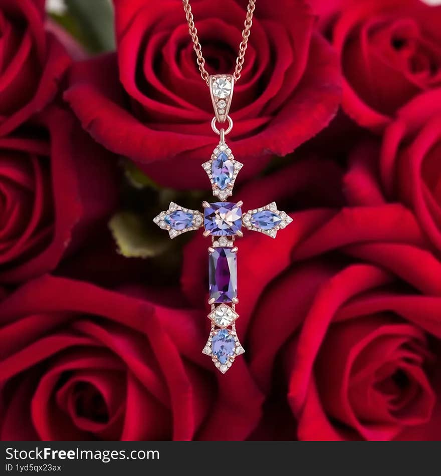A stunning cross pendant featuring sparkling diamonds and a beautiful amethyst, symbolising faith and elegance. A stunning cross pendant featuring sparkling diamonds and a beautiful amethyst, symbolising faith and elegance