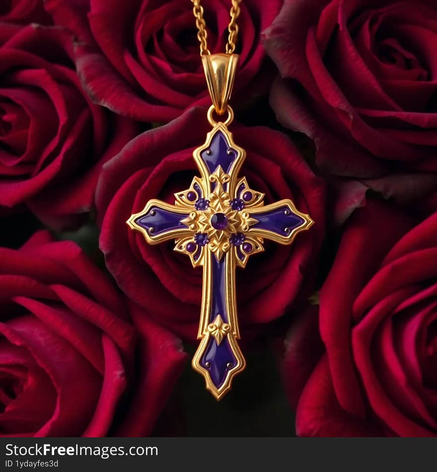 A gold and purple enamel cross pendant combines elegance and faith with vibrant colours and timeless design. A gold and purple enamel cross pendant combines elegance and faith with vibrant colours and timeless design