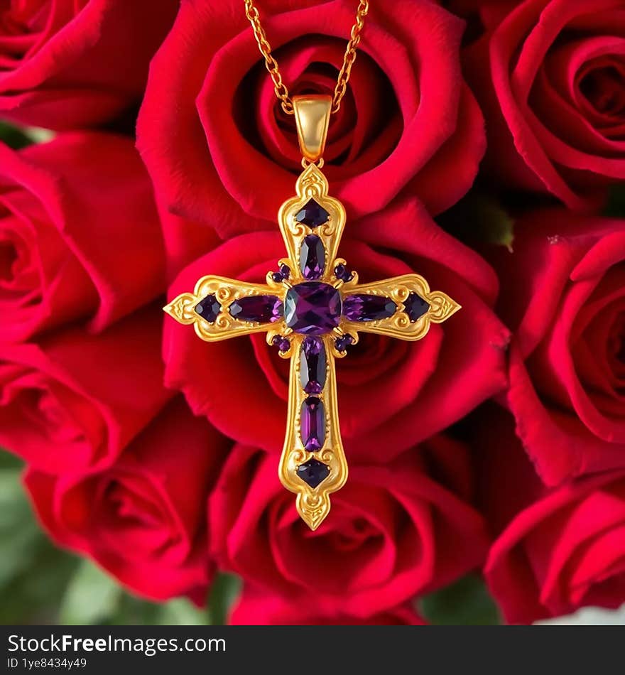 A stunning cross pendant featuring amethyst gemstone, elegantly crafted to symbolise faith. A stunning cross pendant featuring amethyst gemstone, elegantly crafted to symbolise faith.