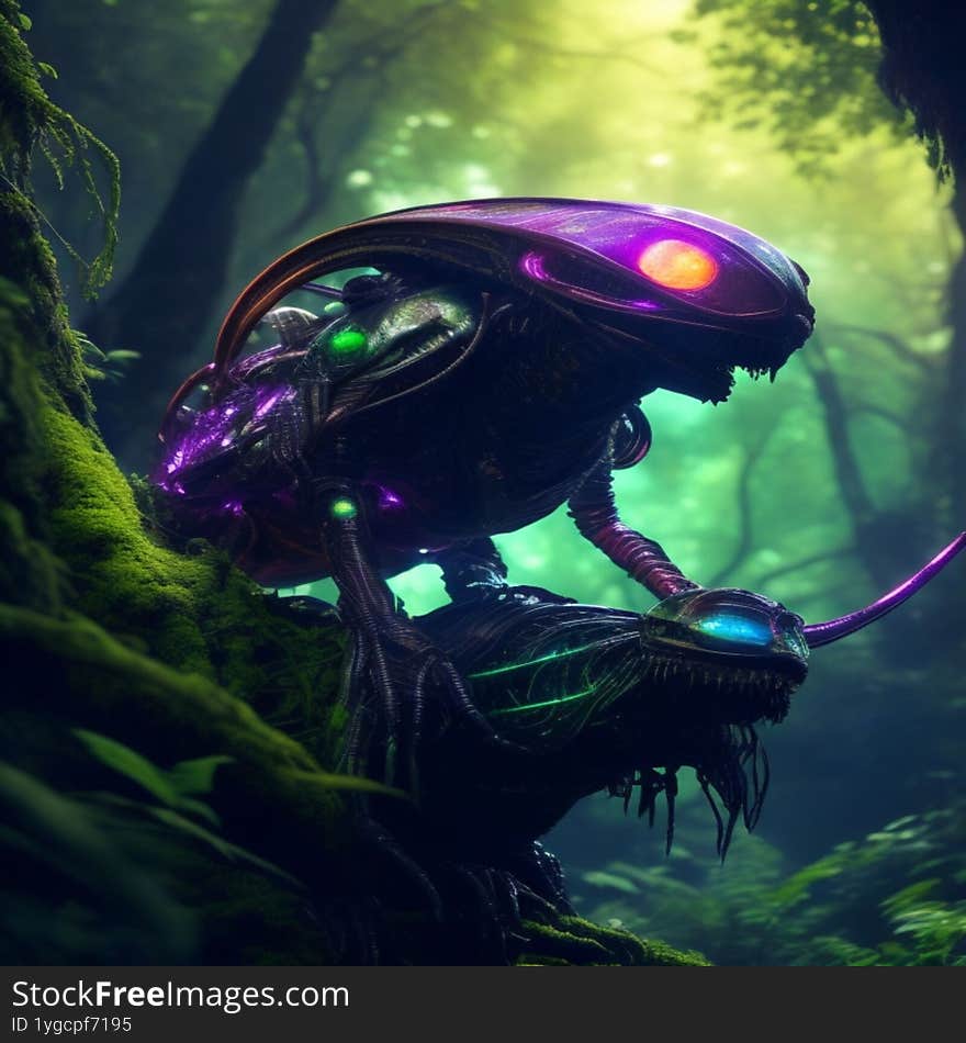 Step into an otherworldly realm with this mesmerizing fantasy forest alien fly, a creature born from imagination and brought to life in stunning detail. With its iridescent wings, bioluminescent body markings, and surreal alien features, this insect hovers amid a lush, mystical forest backdrop. Step into an otherworldly realm with this mesmerizing fantasy forest alien fly, a creature born from imagination and brought to life in stunning detail. With its iridescent wings, bioluminescent body markings, and surreal alien features, this insect hovers amid a lush, mystical forest backdrop.