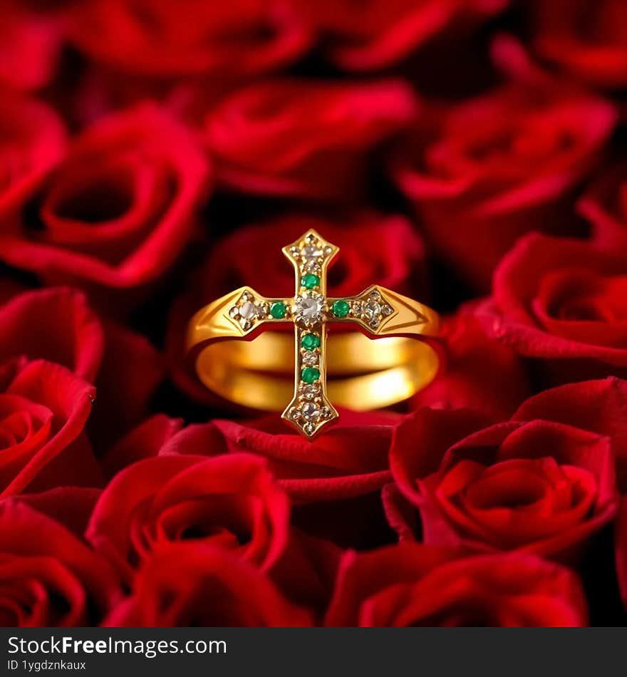 Elegant diamond and emerald cross ring, a timeless symbol of faith and luxury, set in precious metal. Elegant diamond and emerald cross ring, a timeless symbol of faith and luxury, set in precious metal