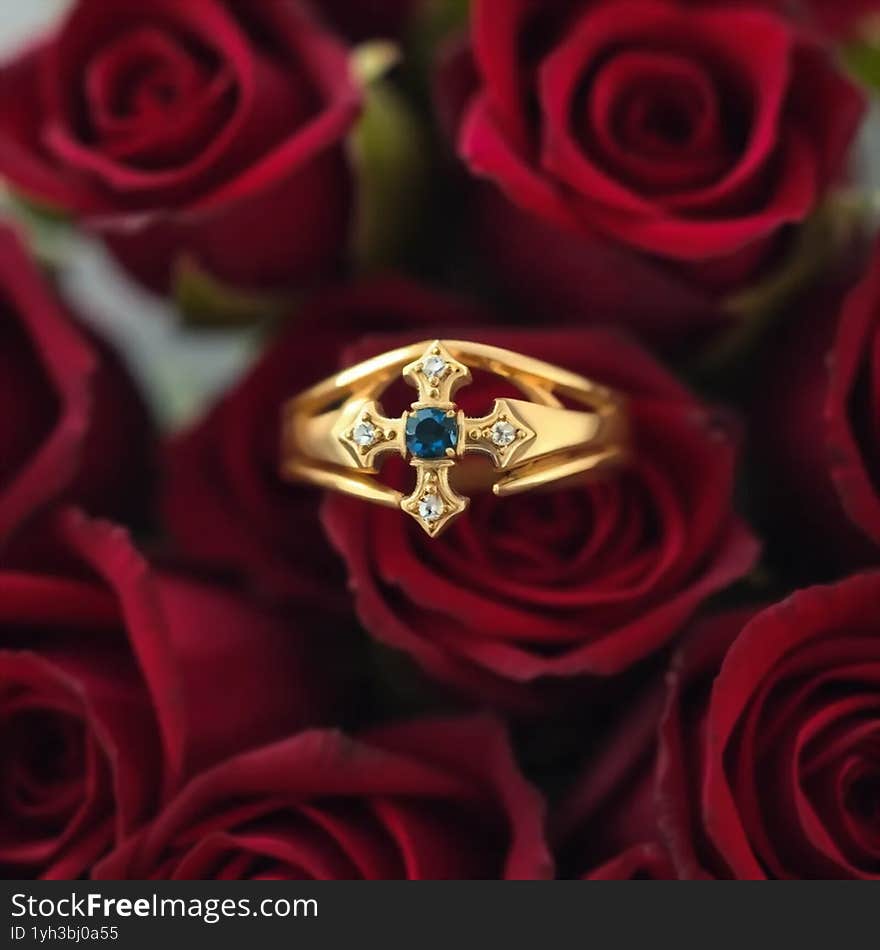 A beautifully crafted cross ring featuring sparkling diamonds and a striking blue sapphire, symbolising faith and elegance. A beautifully crafted cross ring featuring sparkling diamonds and a striking blue sapphire, symbolising faith and elegance.
