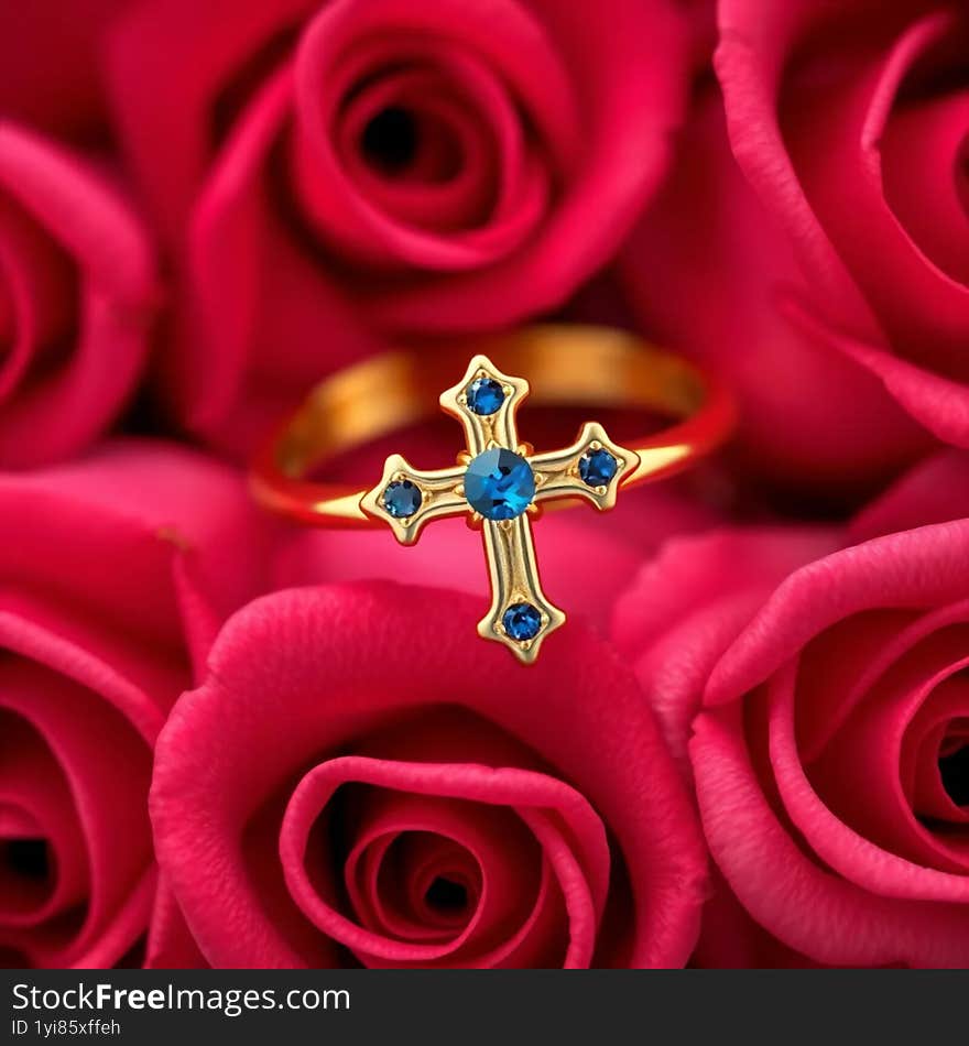 Blue sapphire cross ring on roses background AI generated