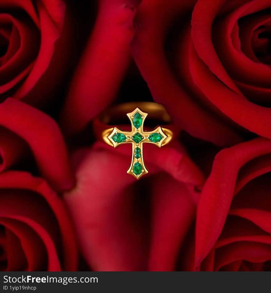 Emerald cross ring on roses background AI generated