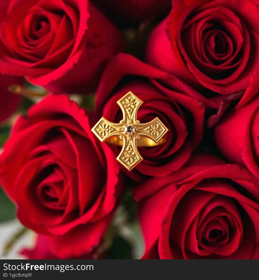 A gold cross ring on roses background AI generated.