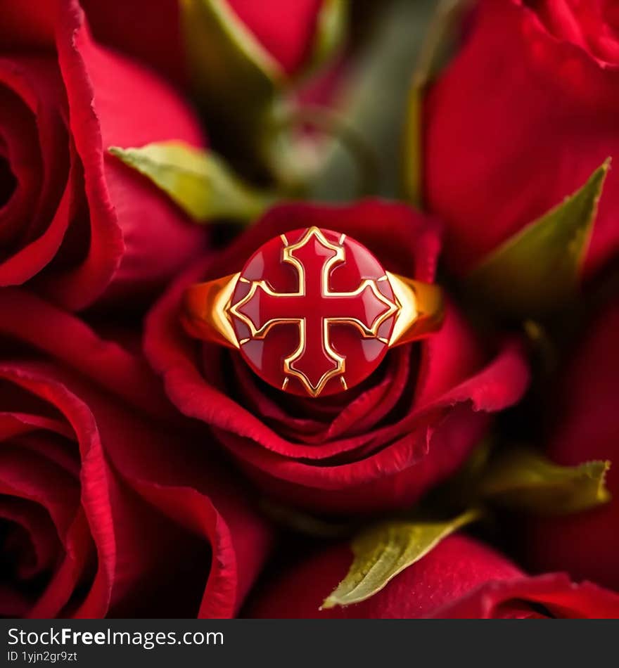A gold and red enamel cross ring on roses background AI generated