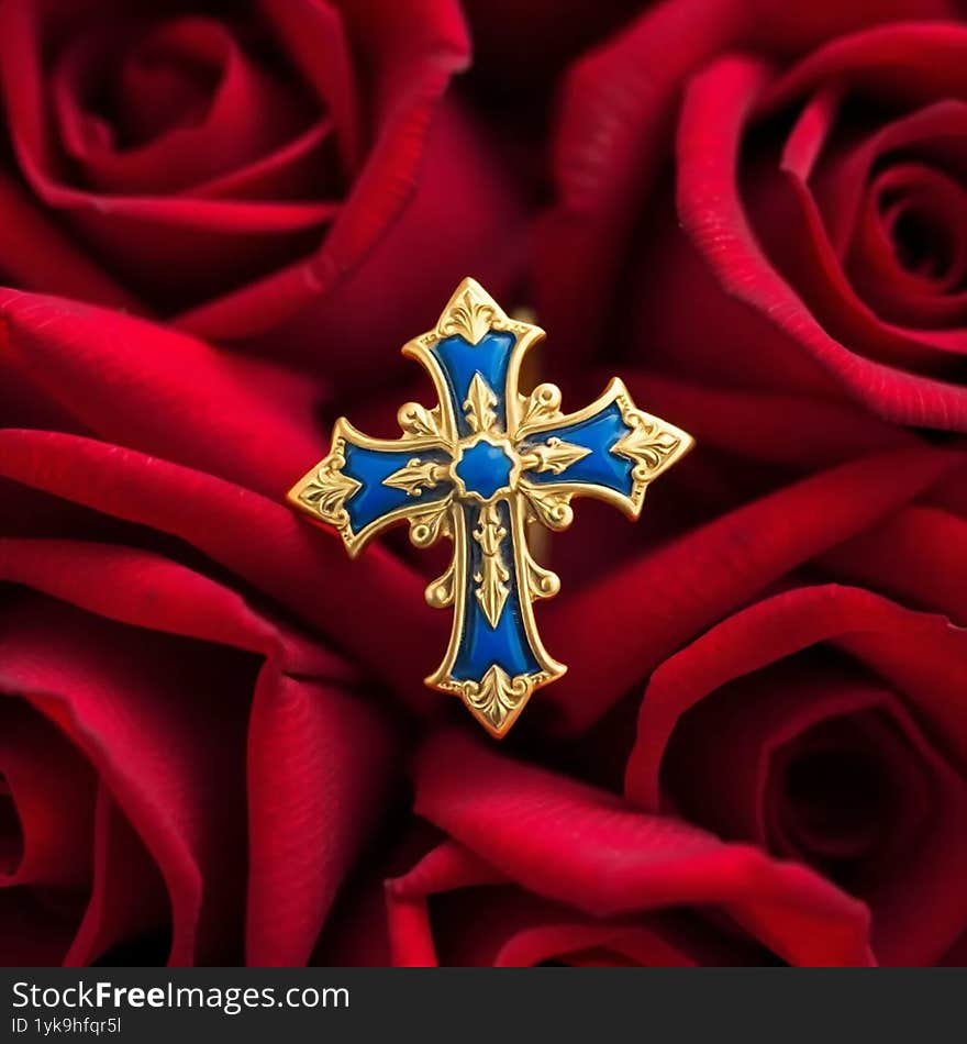 A gold and blue enamel cross ring on roses background AI generated.