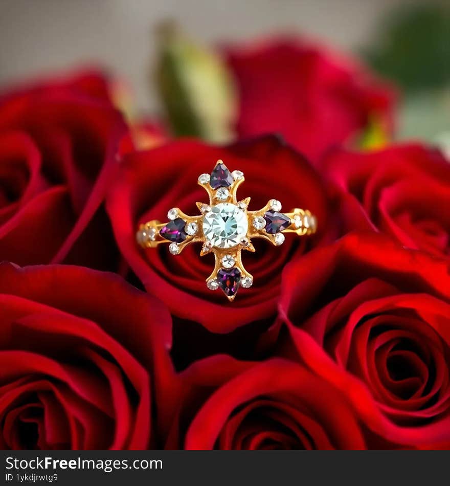 Diamond and amethyst cross ring on roses background AI generated.