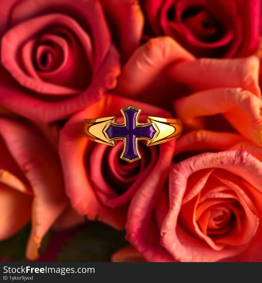 A gold and purple enamel cross ring on roses background Al generated.