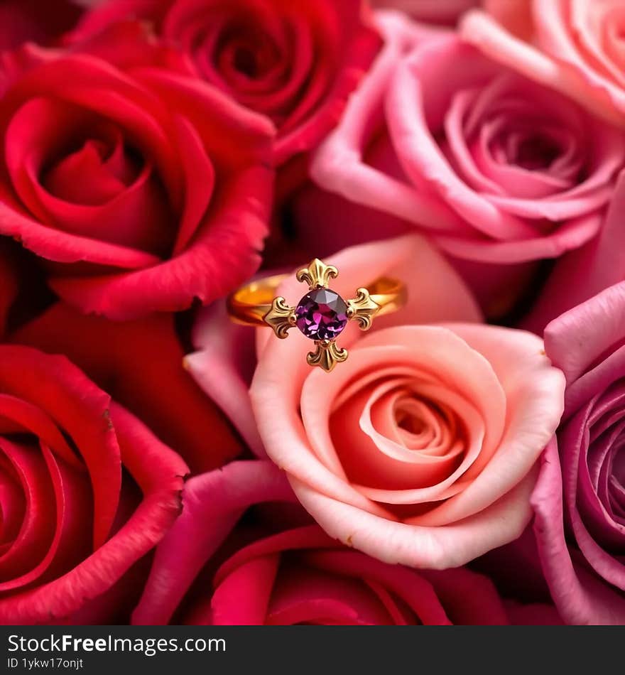 Amethyst cross ring on roses background AI generated.