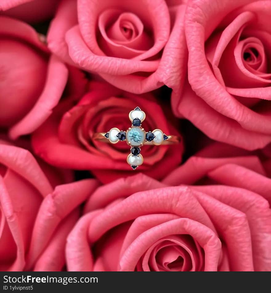 Pearl and blue sapphire cross ring on roses background AI generated.