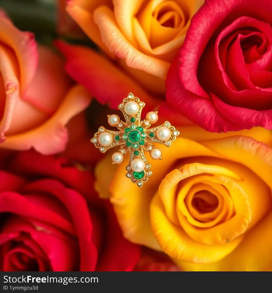 Pearl and emerald cross ring on roses background AI generated.