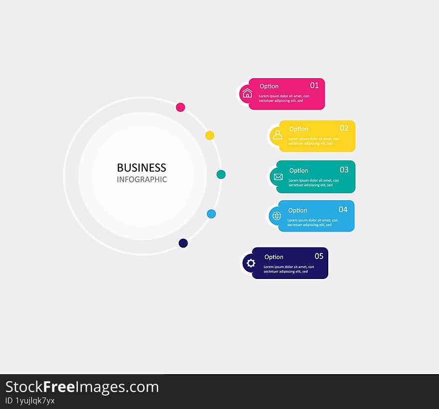 Vector infographic label design, circle infographic template design, and 5 options or steps. Can be used for process diagrams, presentations, workflow layouts, banners, flow charts, and info graphs.