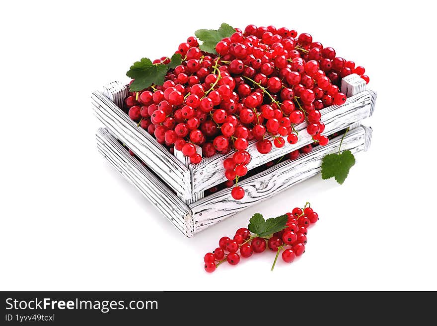 natural red currants on a white background in a wooden box, close-up selective focus
