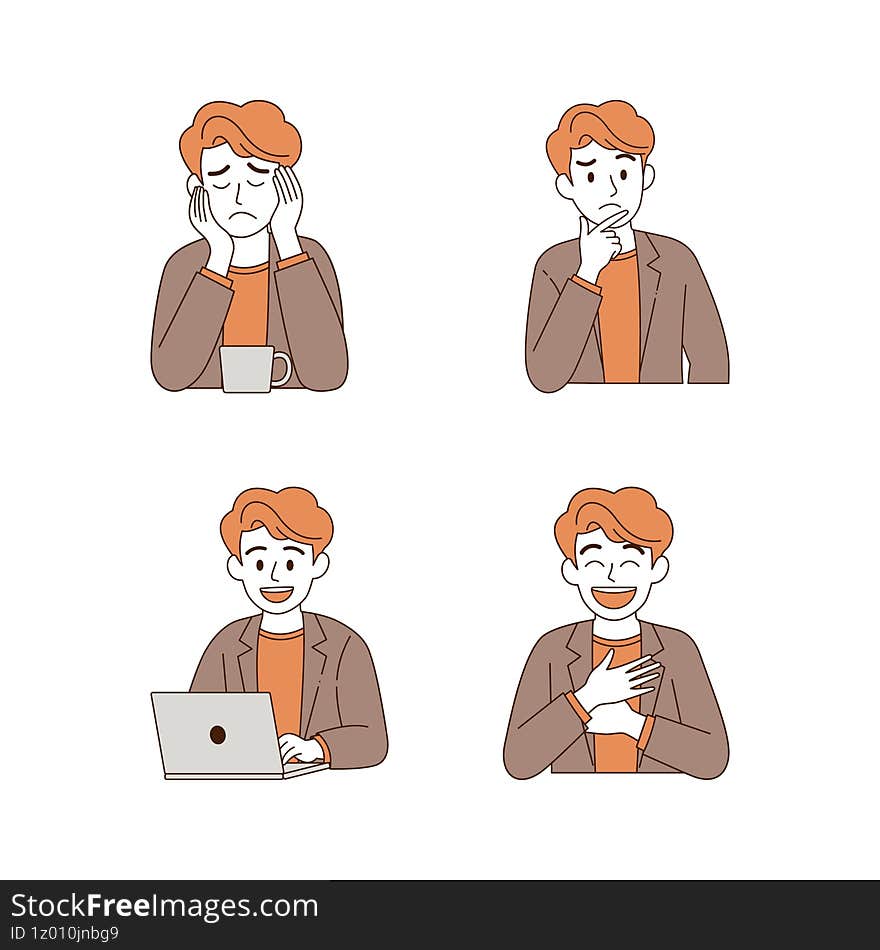 Flat Cartoon Man with Different Hand Gestures and Emotions Set