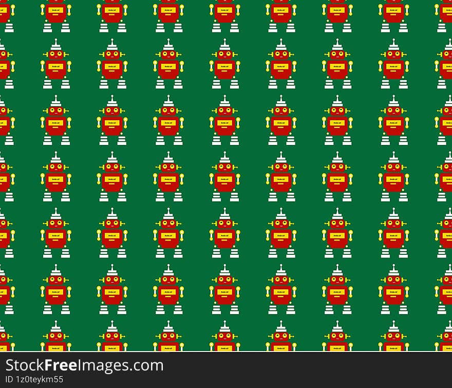 Seamless  texture featuring stylized robots on a green background. Suitable for prints, wallpapers, packaging, and visual design with a futuristic and tech theme.
