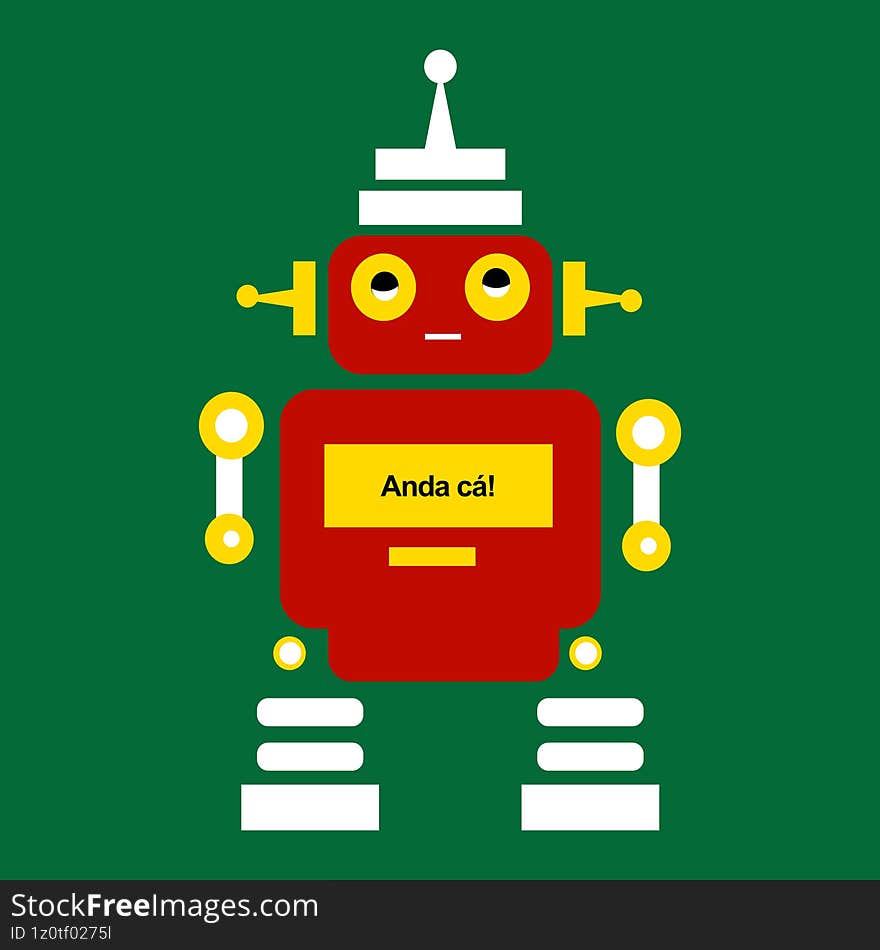 Creative  artwork of a robot on green background with the Portuguese phrase �Anda c�!� (Come here!). Concept of digital interaction, social media, and accessible technology.