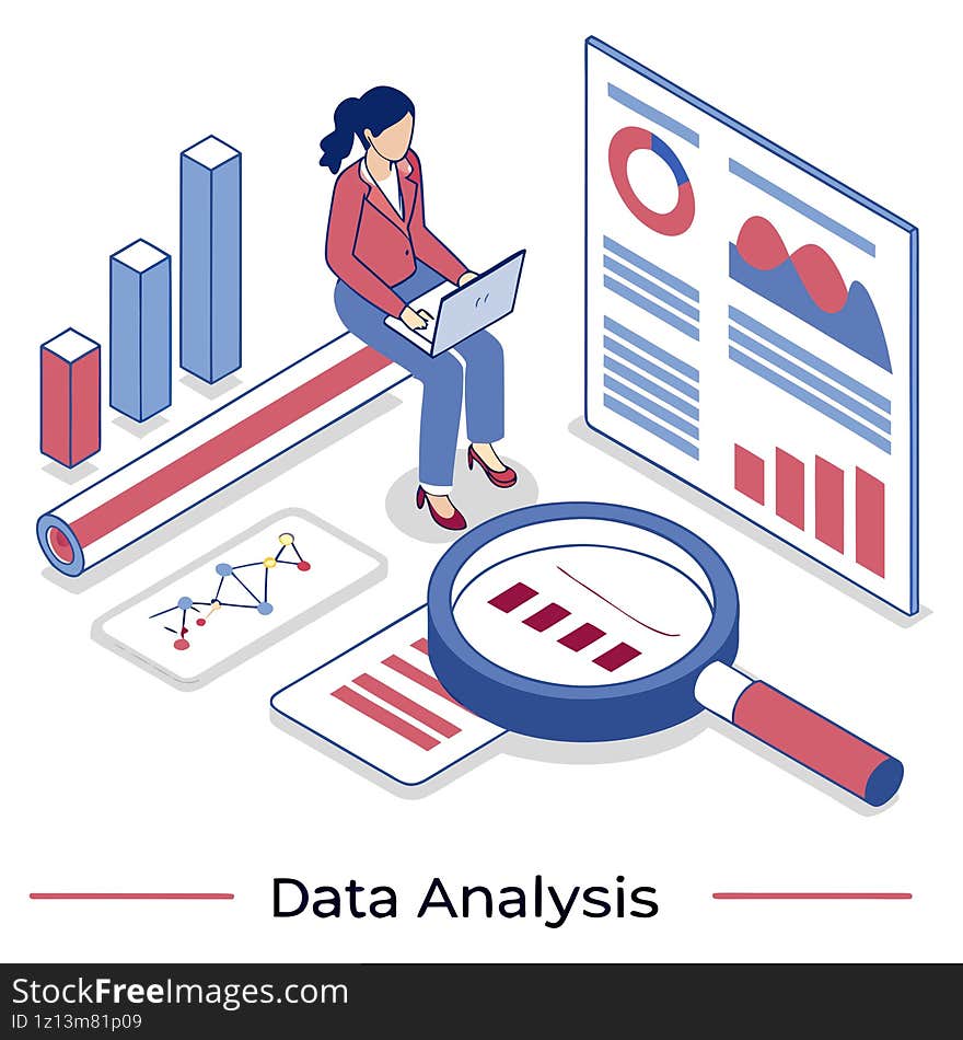 Business Analytics Vector Person with Bar Charts and Pie Graphs