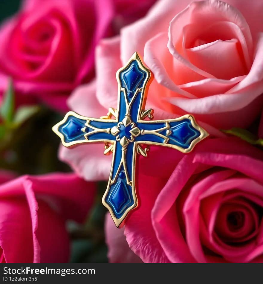 Elegant Gold and Blue Enamel Cross Brooch AI generated