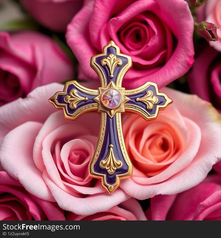 Elegant Gold and Purple Enamel Cross Brooch AI generated