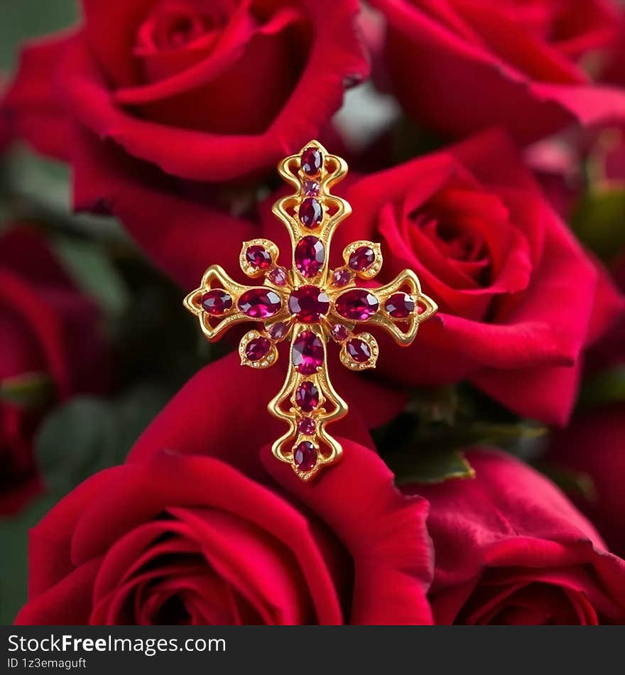Elegant Ruby Cross Brooch AI generated
