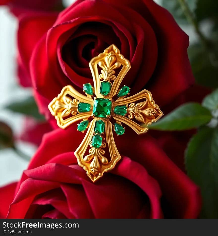 Elegant Emerald Cross Brooch AI generated