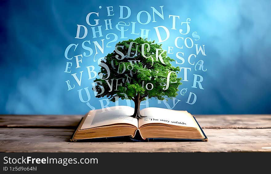A lush green tree sprouts from an open antique book resting on a rustic wooden surface.  Surrounding the tree are translucent, swirling letters, creating a whimsical, ethereal mood. The background is a soft, blurred blue. This image is ideal for educational, publishing, or environmental projects, conveying growth, knowledge, and storytelling.  Its serene composition evokes a sense of wonder and discovery, perfect for websites, book covers, or advertising campaigns promoting literacy or nature. The high-resolution image offers versatile cropping options.