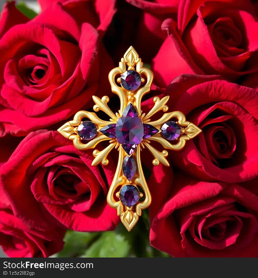 Elegant Amethyst Cross Brooch AI generated