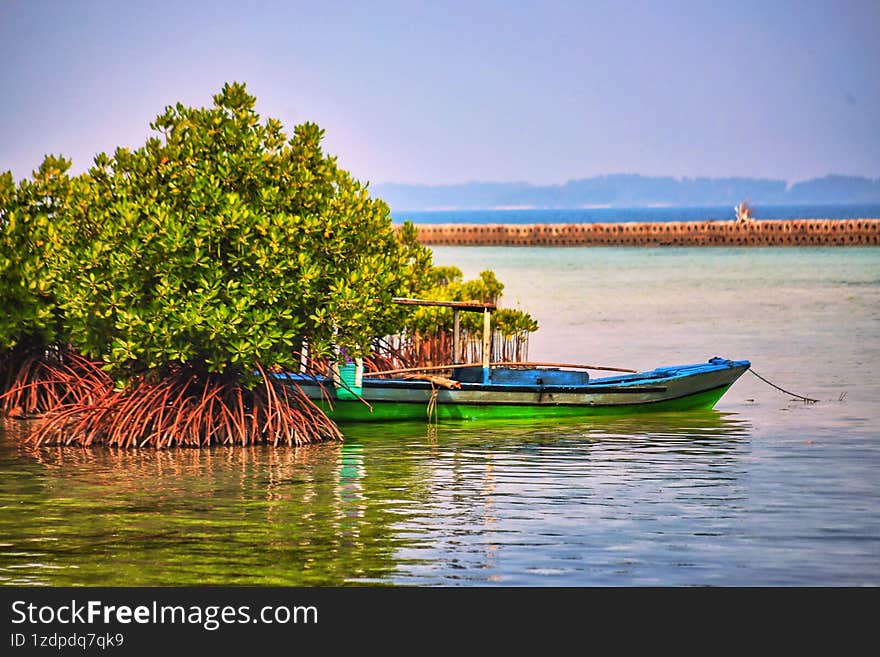 A small fisherman s boat is being tied to the mangrove trees in Pramuka Island of the Thousand Island Regency.