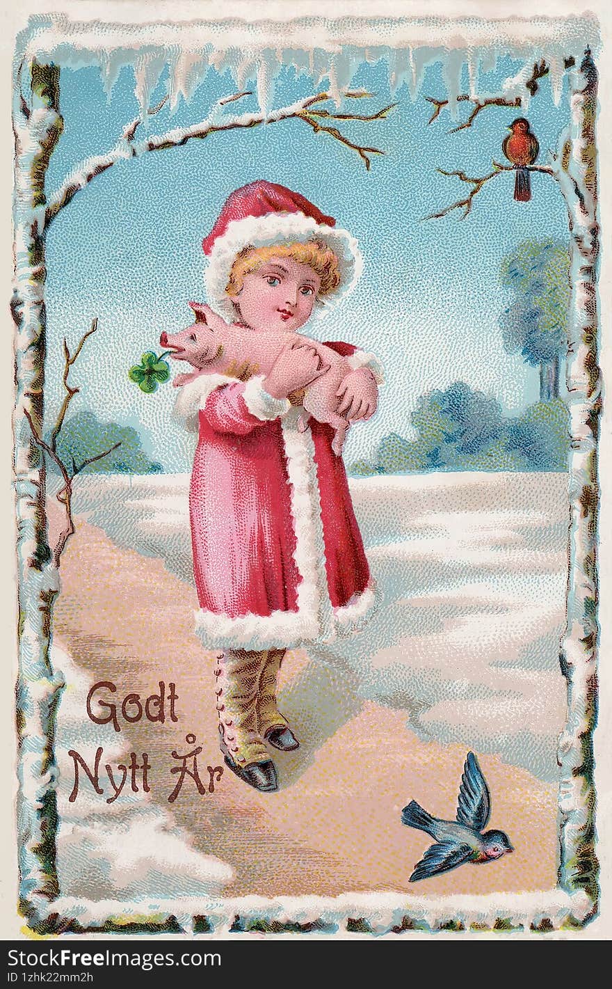 A charming and nostalgic vintage illustration of a New Year’s greeting card, likely from the late 19th or early 20th century. Th