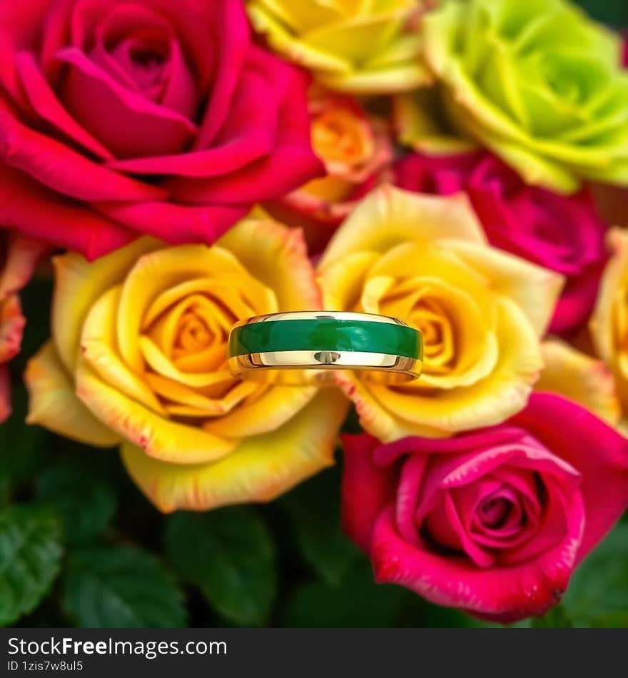 The elegant and unique ring features a brilliant gold and green enamel design, making it a luxurious statement piece. The elegant and unique ring features a brilliant gold and green enamel design, making it a luxurious statement piece.