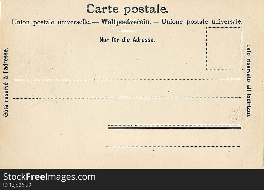 A meticulously detailed image of an authentic antique European postcard’s reverse side, prominently featuring the bold black hea