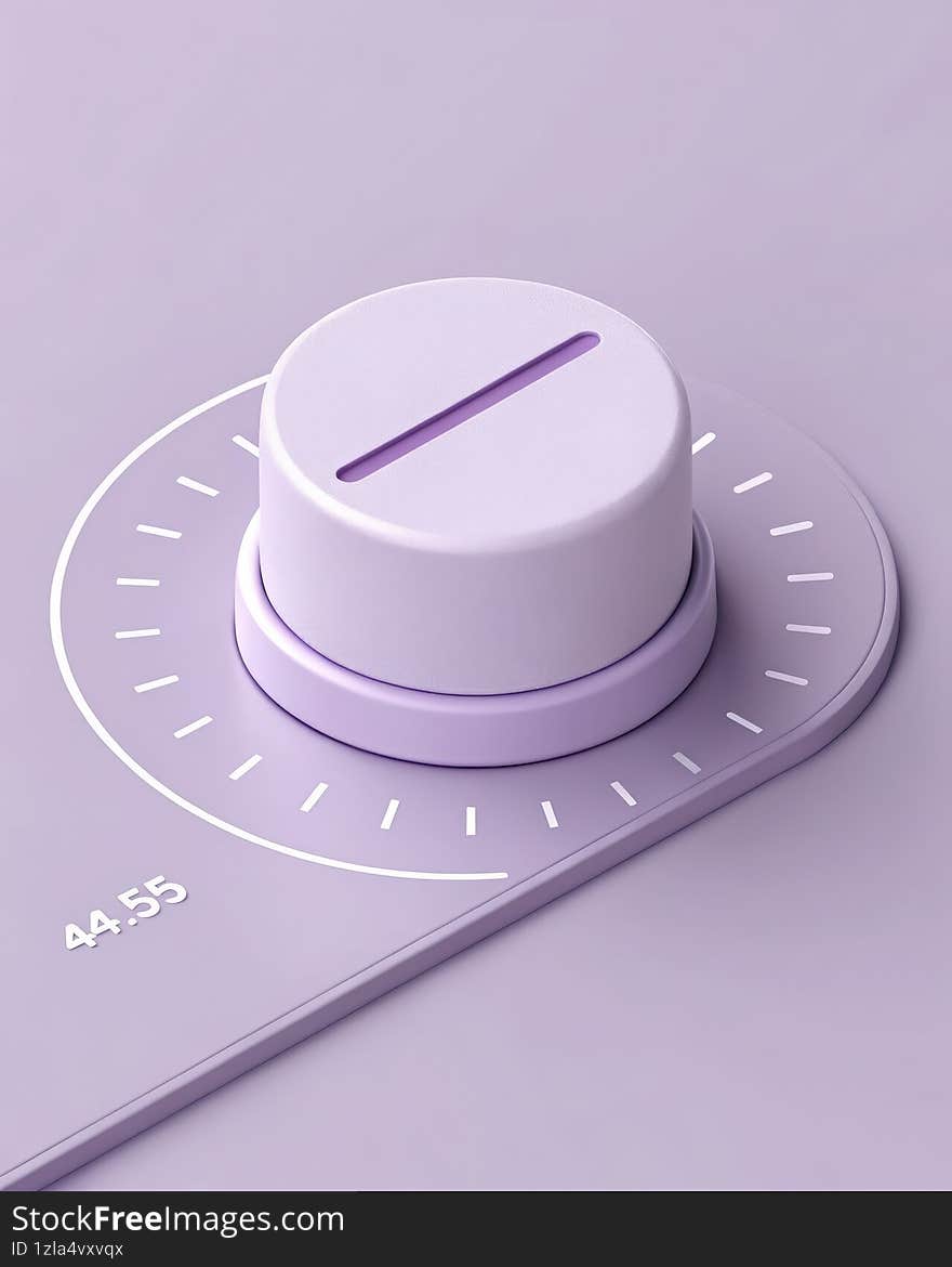 A soft purple 3d volume slider knob with a white indicator arc and tick marks. A numerical display shows 44.55, Generated with Ai. A soft purple 3d volume slider knob with a white indicator arc and tick marks. A numerical display shows 44.55, Generated with Ai