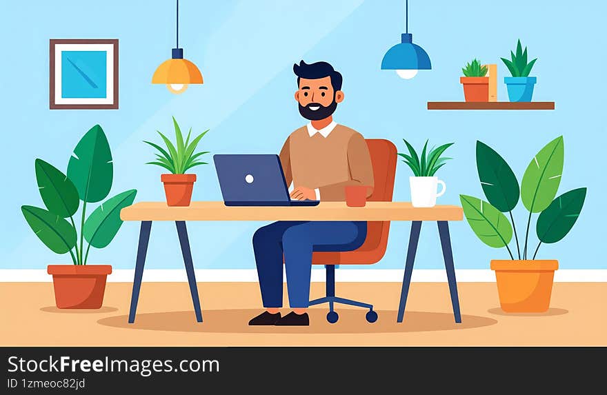 Illustration of a young man working on a laptop in a modern home office surrounded by green plants, symbolizing productivity and r