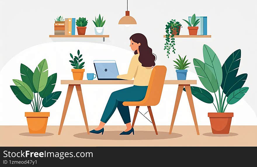Illustration of a young woman sitting at a desk with a laptop, plants, and modern office decor, representing remote work and produ