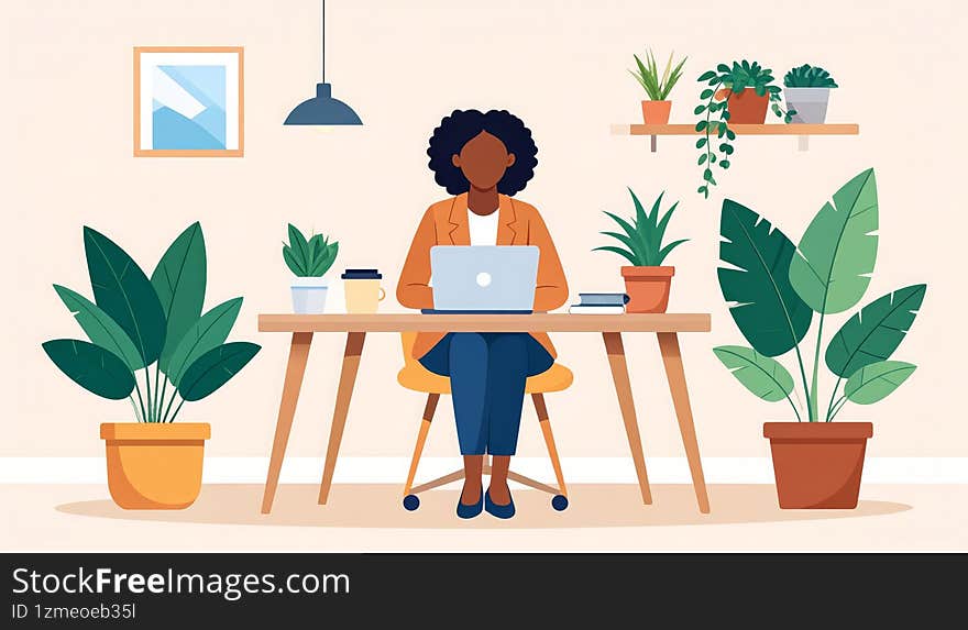 Illustration of an African American woman sitting at a desk with laptop, books, and plants, symbolizing productivity and remote wo