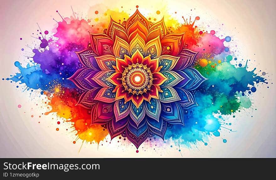Vibrant mandala illustration with rainbow watercolor splashes, symbolizing spirituality, mindfulness, and creativity