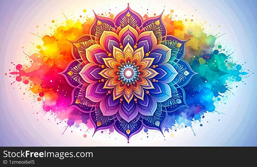 Artistic mandala illustration with colorful watercolor splashes, symbolizing culture, meditation, and creative spirituality