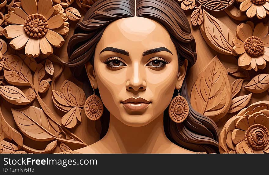Detailed wooden relief carving of a beautiful woman surrounded by flowers and leaves, representing traditional craftsmanship and artistic design