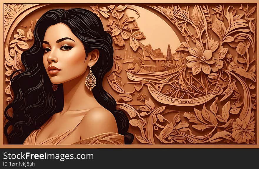 Artistic wooden carving of an elegant woman with long hair, floral elements, and intricate design, symbolizing traditional art and